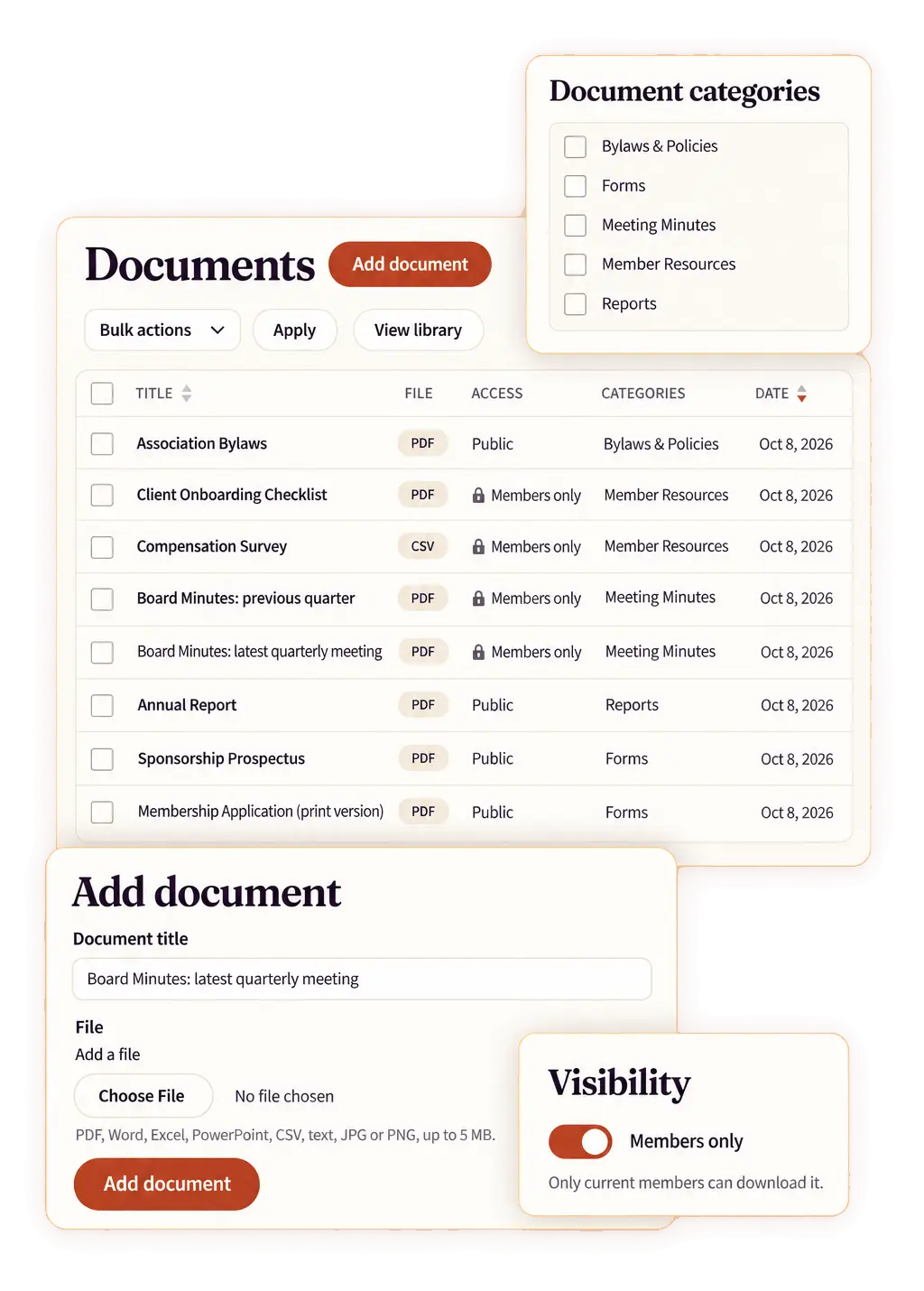 Favr documents library with uploaded files, document categories, and members-only visibility settings