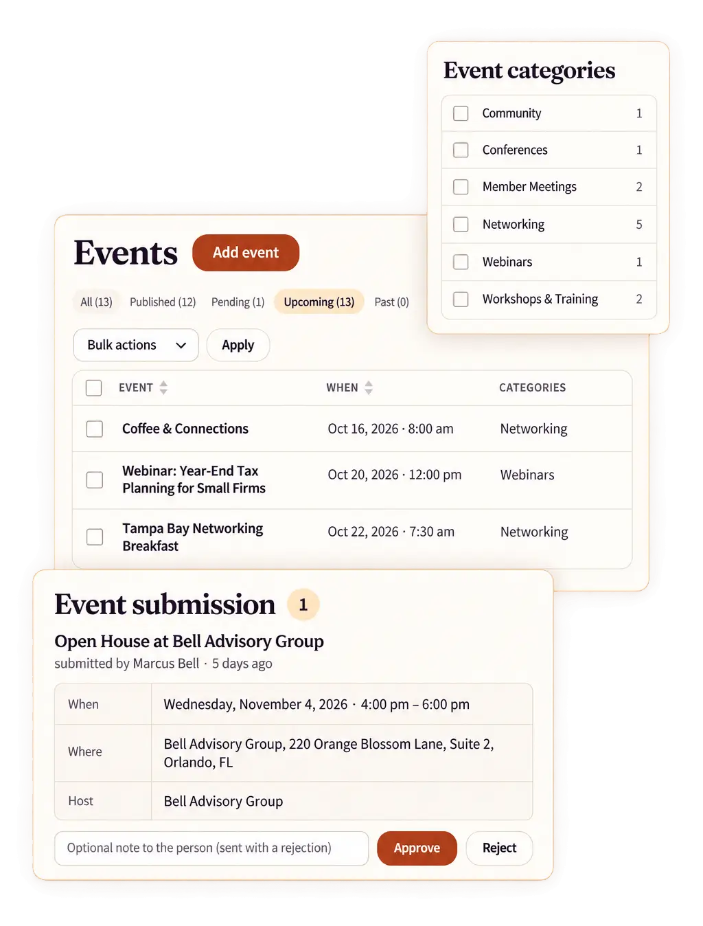 Favr events list with upcoming member events, an event submission waiting for approval, and event categories