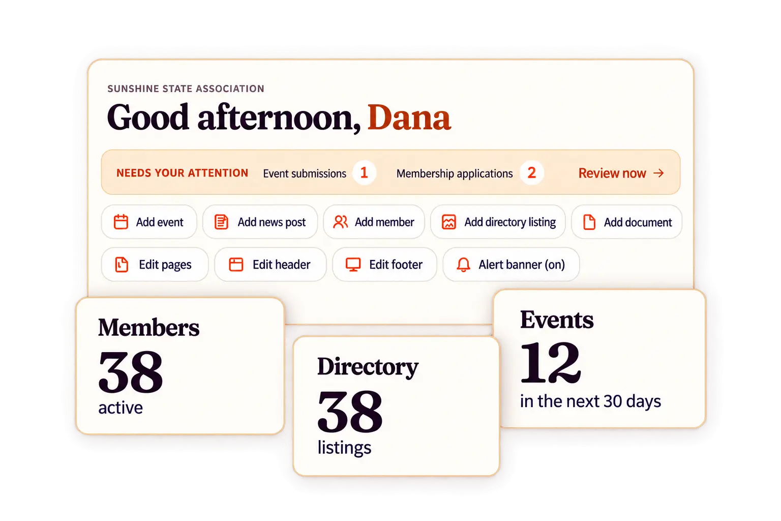 Favr staff dashboard with items needing attention, quick actions, and member, directory, and event summaries