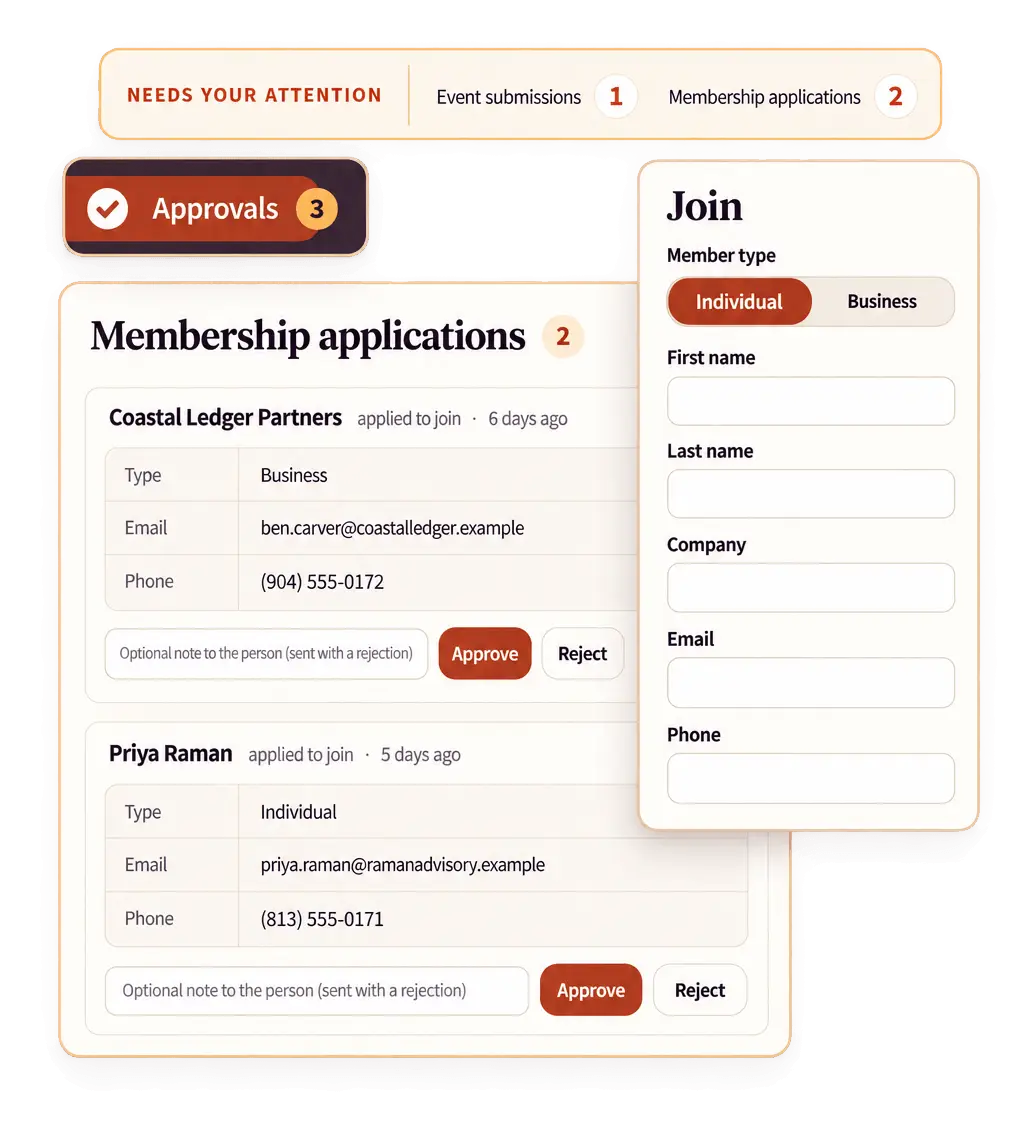 Favr membership application form fields above the Approvals screen, where new applications wait with Approve and Reject buttons