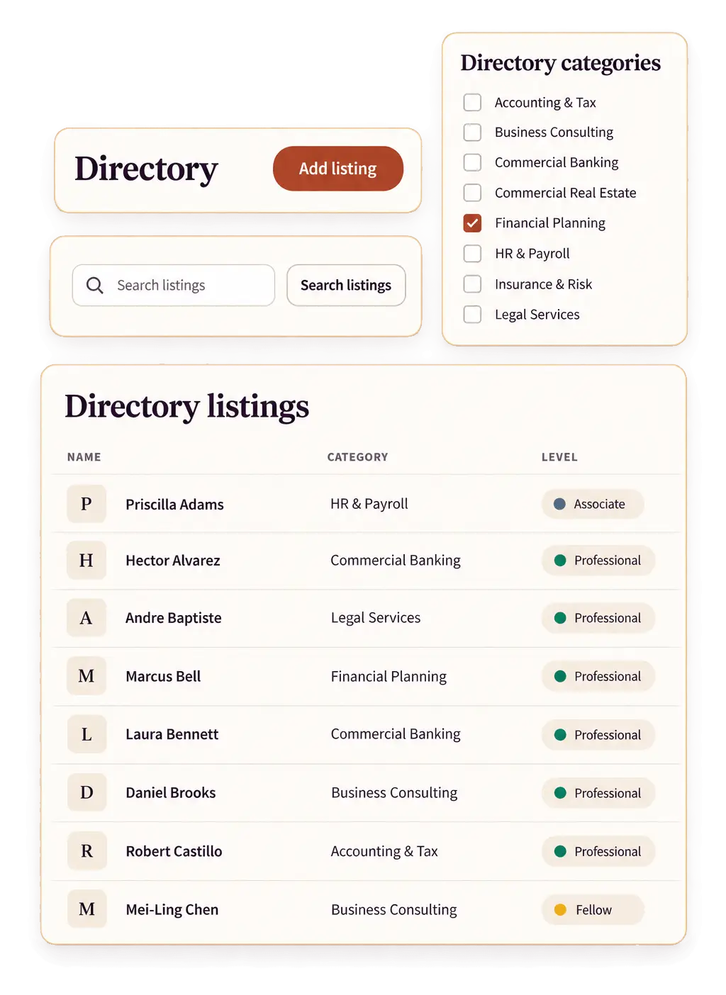 Favr member directory listings with business categories and membership levels, beside the Directory categories panel