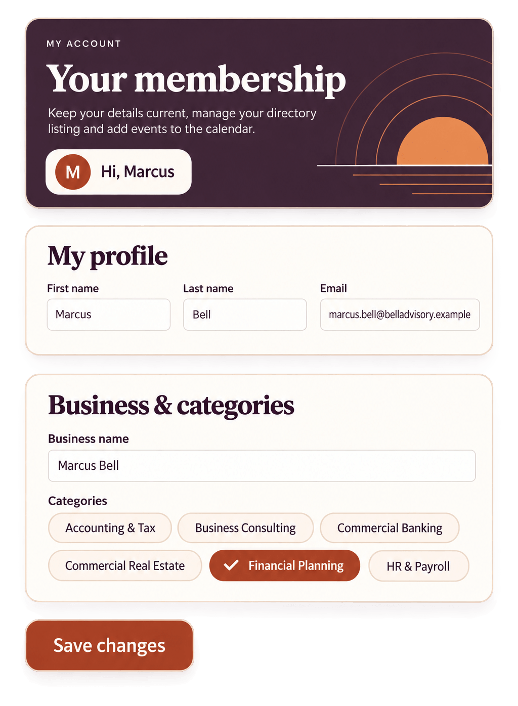 Favr member account screens where a member updates their profile, business name, and directory categories