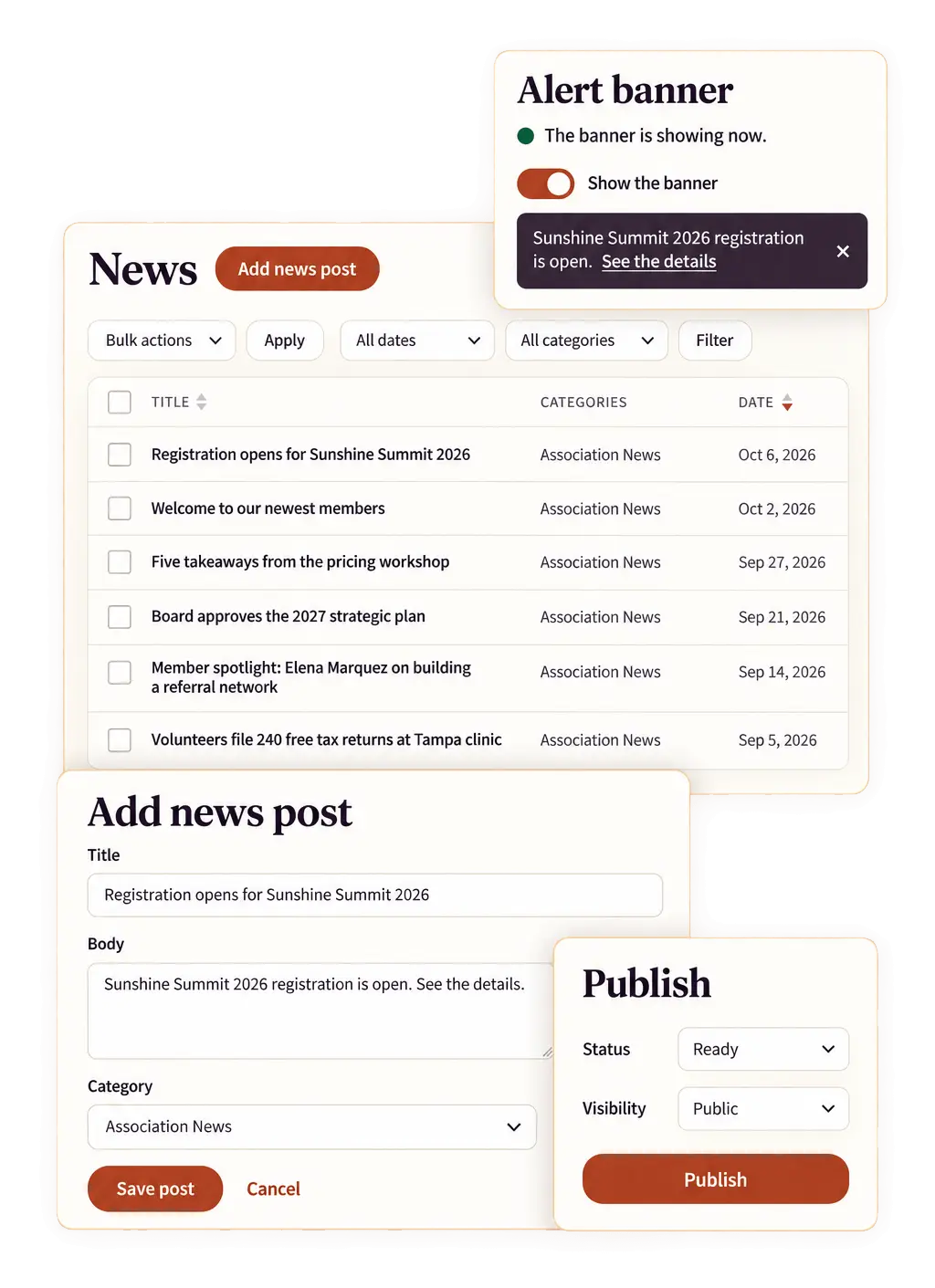 Favr news posts list with the post editor and a site-wide alert banner
