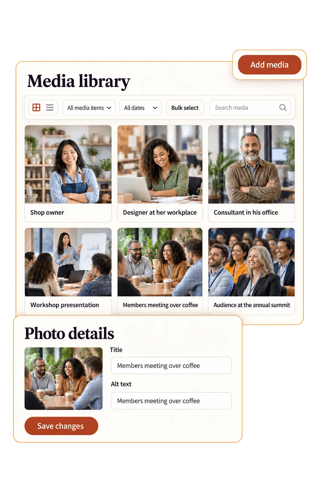 Favr media library with a grid of event photos, a selected photo's details, and an add media button