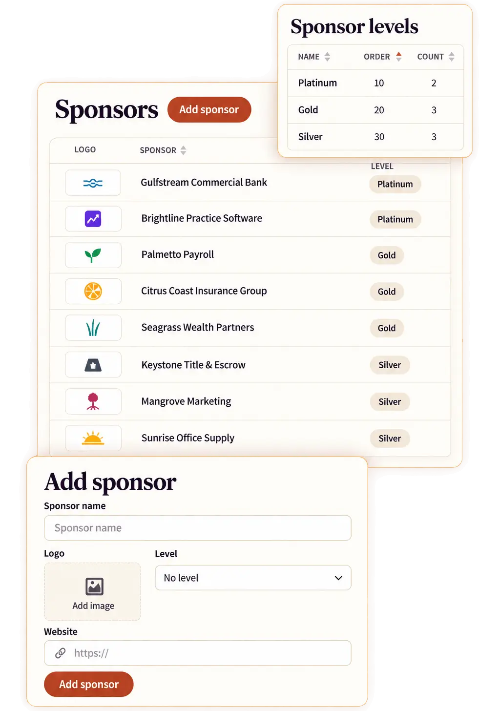 Favr sponsors list with sponsor logos, sponsor levels, and the add sponsor form